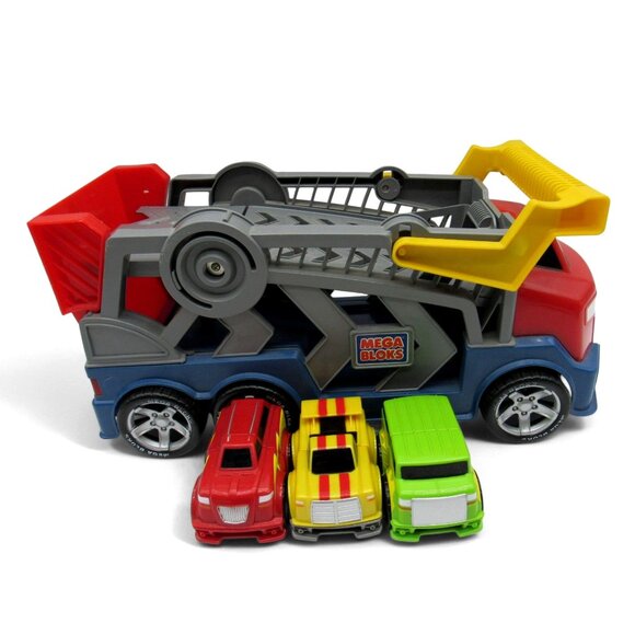 MEGA BLOKS Tiny n Tuff 2005 3 Cars and Vehicle Carrier Transport Truck 16" - Picture 2 of 12